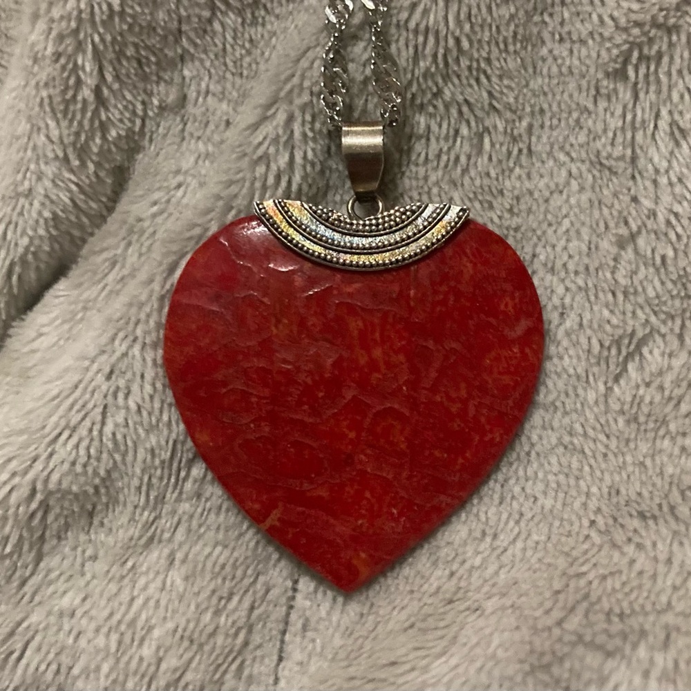 Sterling Silver Red Coral Heart Pendant w/Stainless Steel Singapore Chain